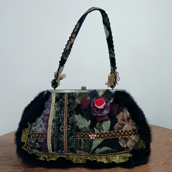 Vintage Nicole Lee Shoulder Bag Tapestry Faux Fur Boho Black - Picture 12 of 15